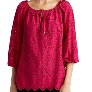 Ralph Lauren Magenta Eyelet Elbow Sleeve Top/Blouse Size:PM/M peasant style